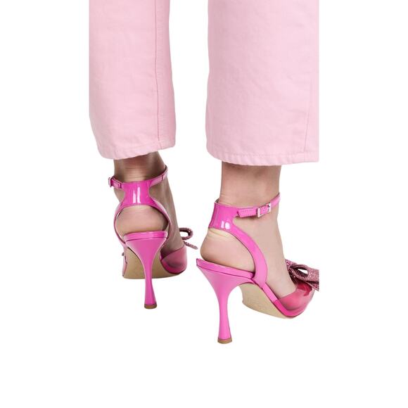 Nalebe Dimante PVC Pumps Bow Crystal Embellished Ankle Strap Square Top Pink 36 - Picture 2 of 16